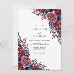 Burgundy Blue Painterly Bloom Wedding Invitation