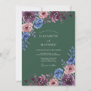 Burgundy Blue Painterly Blossom Wedding Invitation