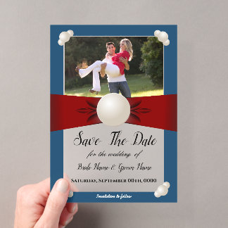 Burgundy & Blue Pearl Ribbon Photo Save The Date Acrylic Invitations