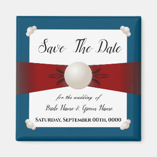 Burgundy & Blue Pearl Ribbon Photo Save the Date Magnet