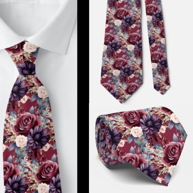 Burgundy Blue Periwinkle Blush Pink Floral Tie (Creator Uploaded)