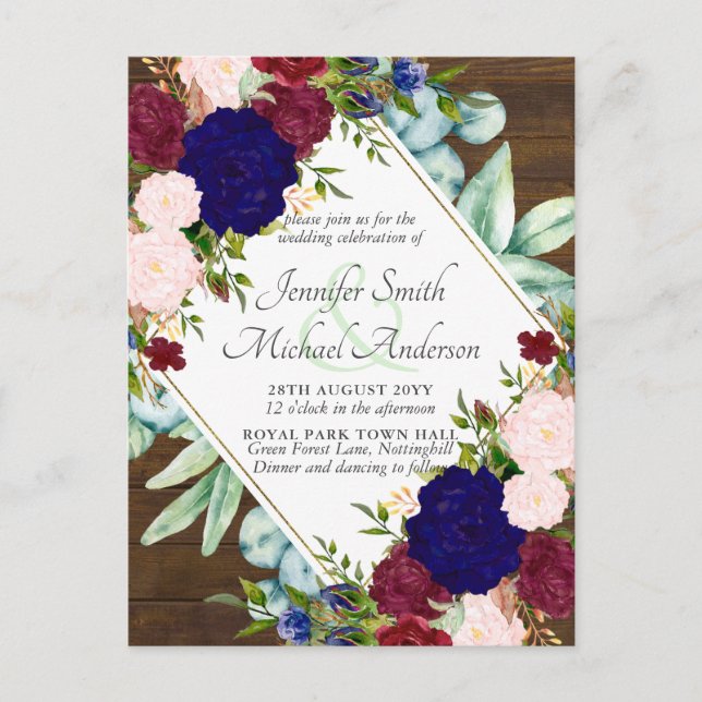 Burgundy Blue Pink Floral Save Date Wedding Invite Postcard (Front)