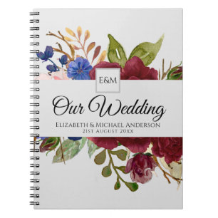 Burgundy Blue Pink Flowers Newlyweds Wedding Gifts Notebook