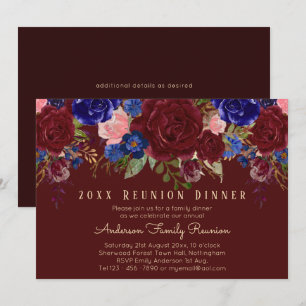 Burgundy Blue Pink Roses Floral Family Reunion Invitation