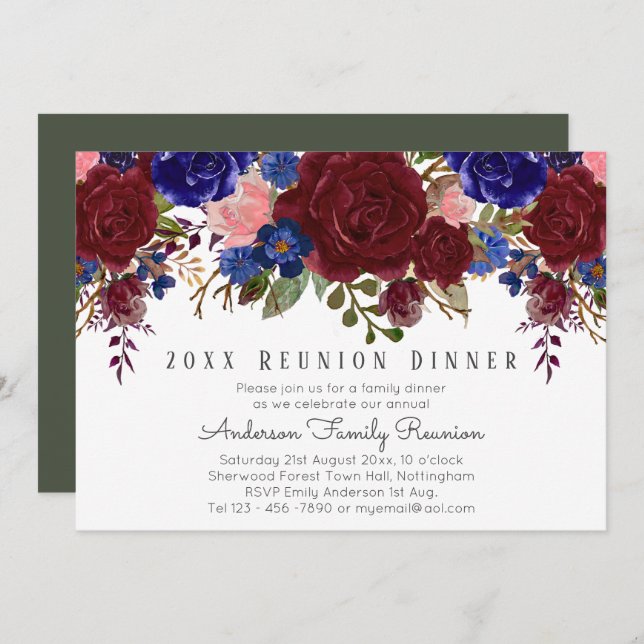 Burgundy Blue Pink Roses Floral Family Reunion Invitation (Front/Back)