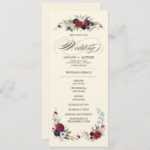 Burgundy Blue Red Floral Creme Wedding Program Invitation