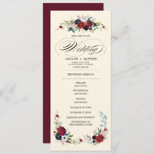 Burgundy Blue Red Floral Creme Wedding Program Invitation