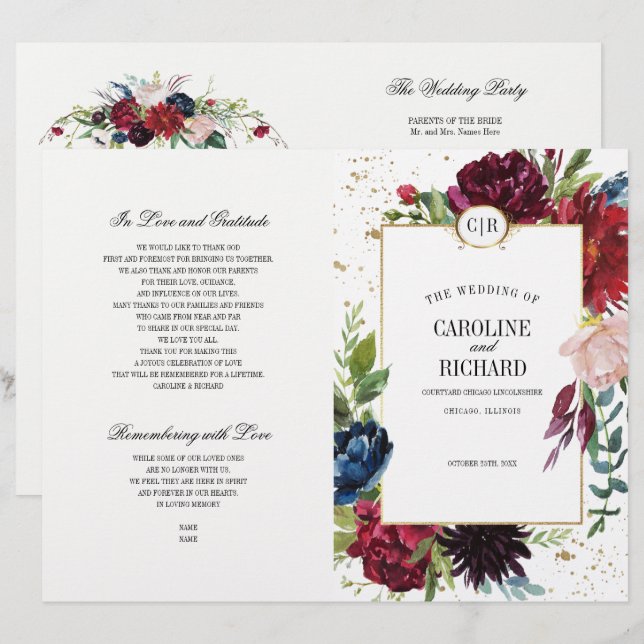 Burgundy | Blue | Red Floral Wedding Program (Front/Back)