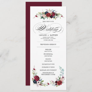 Burgundy Blue Red Floral Wedding Program Invitation