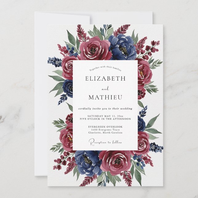 Burgundy Blue Romantic Floral Wedding Invitation (Front)