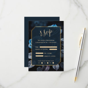 Burgundy Blue Roses Wedding RSVP Card