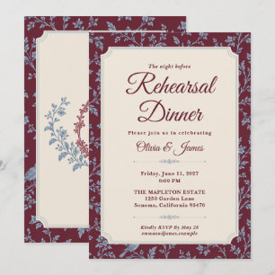 Burgundy Blue Toile Rehearsal Dinner Invitation