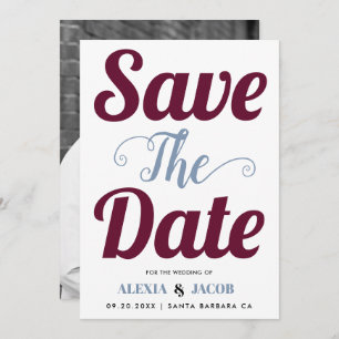 Burgundy, blue typography and photo on the back save the date