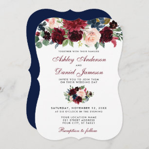 Burgundy Blue Watercolor Floral Elegant Wedding B Invitation