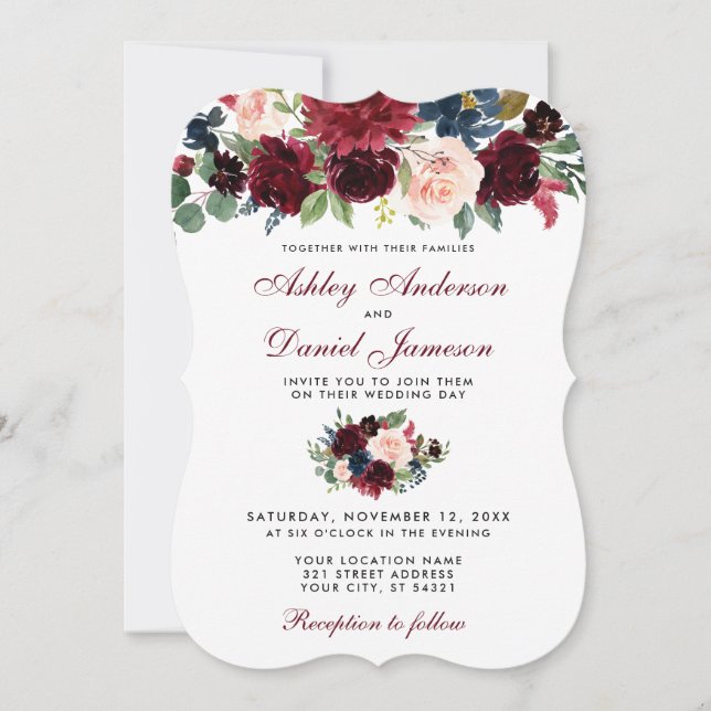 Burgundy Blue Watercolor Floral Elegant Wedding W Invitation (Front)