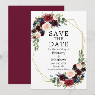 Burgundy Blue Watercolor Floral Gold Geo Frame Save The Date