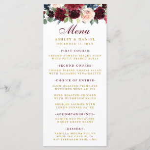 Burgundy Blue Watercolor Floral Gold Wedding Menu