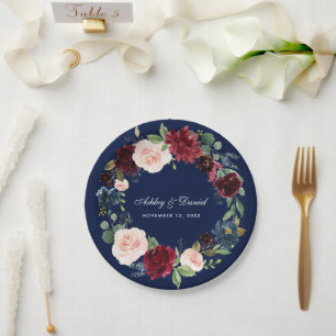 Burgundy Blue Watercolor Floral Wreath Wedding Paper Plate