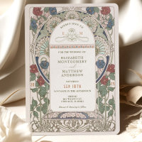 Burgundy Blue Wedding Invitations Art Nouveau