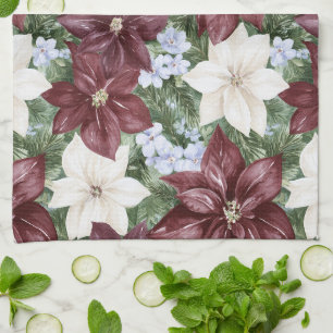 Burgundy Blue White Floral Tea Towel