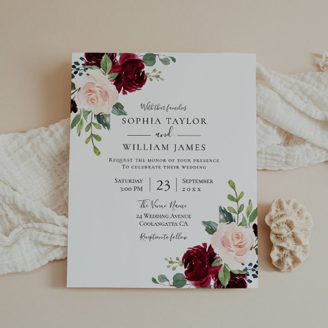 Burgundy Blush 2 Floral Budget Wedding Invitation (Creator Uploaded)