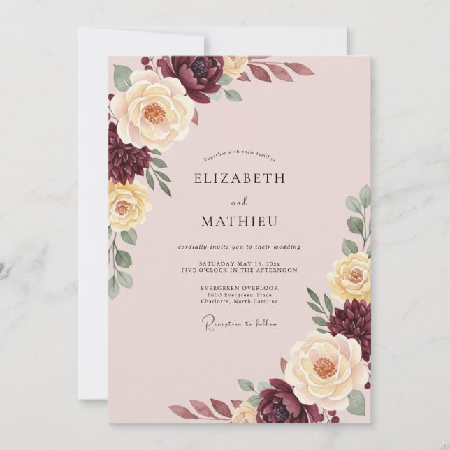 Burgundy Blush Alluring Botanical Wedding Invitation (Front)
