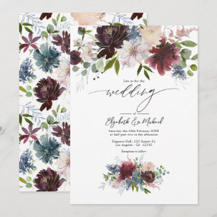 Burgundy, Blush, and Dusty Blue Floral Wedding Invitation