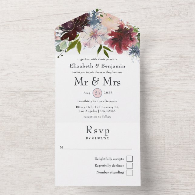 Burgundy, Blush and Navy Floral Wedding All In One Invitation (Inside)