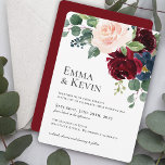 Burgundy Blush and Navy Floral Wedding Invitation<br><div class="desc">A beautiful watercolor bouquet of roses in burgundy, blush pink and navy blue with trailing eucalyptus and greenery accent this tasteful wedding invitation. The colour scheme is a popular choice that is lovely for fall and winter weddings, but also can be used for spring and summer weddings. The text template...</div>