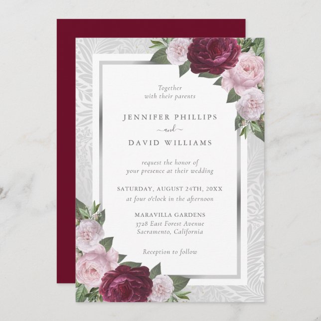 Burgundy Blush and Silver Wedding Invitations (Front/Back)