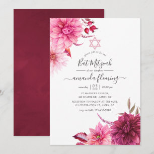 Burgundy & Blush Autumn Fall Floral Bat Mitzvah Invitation