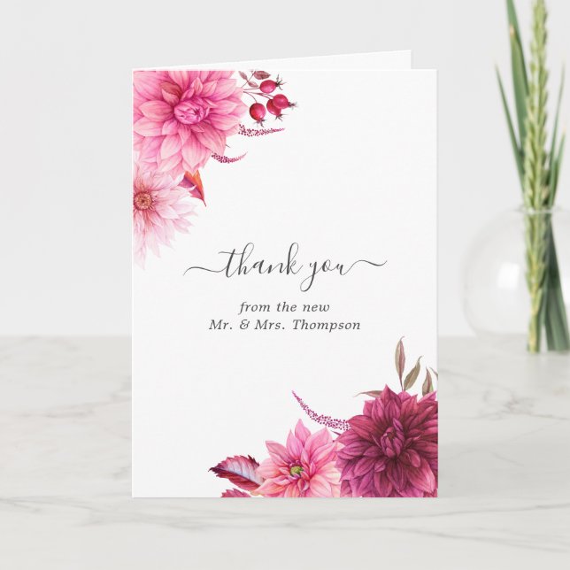 Burgundy & Blush Autumn Fall Floral Wedding Photo Thank You Card (Front)