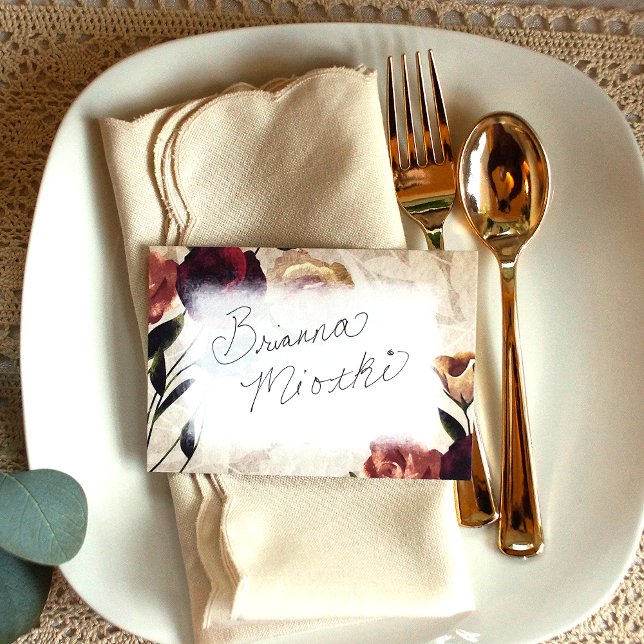 Burgundy, Blush, Beige Roses Name Place Card (burgundy roses rose garden table settings name place card for wedding reception, red beige blush)