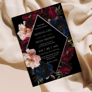 Burgundy Blush Black Navy Floral Silver Wedding Invitation