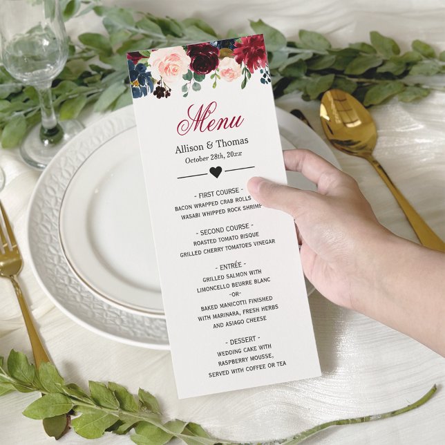 Burgundy Blush Blue Bloom Floral Wedding Menu (Creator Uploaded)