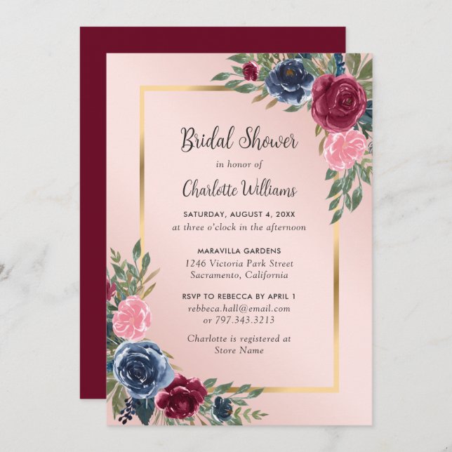 Burgundy Blush Blue Elegant Floral Bridal Shower Invitation (Front/Back)