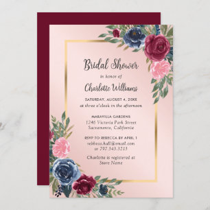 Burgundy Blush Blue Elegant Floral Bridal Shower Invitation