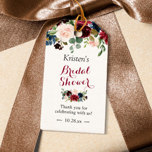 Burgundy Blush Blue Floral Bridal Shower Favour Gift Tags