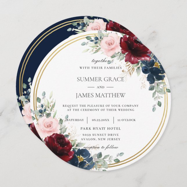 Burgundy Blush Blue Floral Gold Circle Wedding  Invitation (Front/Back)