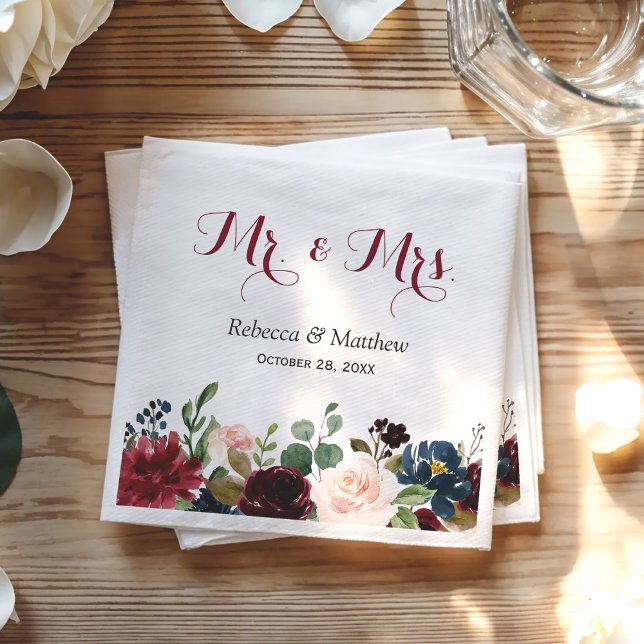 Burgundy Blush Blue Floral Mr and Mrs Wedding Napkin (Creator Uploaded)