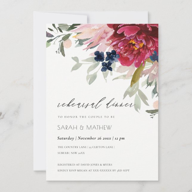 Burgundy Blush Blue Floral Rehearsal Dinner Invite (Front)