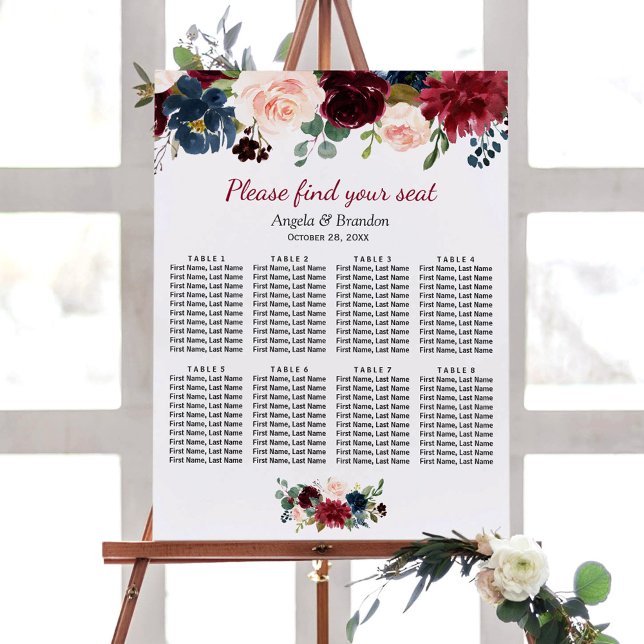 Burgundy Blush Blue Floral Wedding Seating Chart (Creator Uploaded)