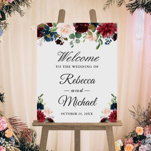 Burgundy Blush Blue Floral Wedding Welcome Sign