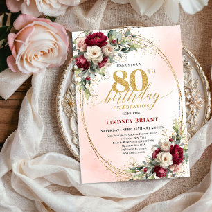 Burgundy Blush Boho Garden 80th Birthday Invites