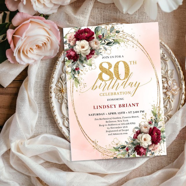 Burgundy Blush Boho Garden 80th Birthday Invites (Burgundy Blush Boho Garden 80th Birthday Invitation)