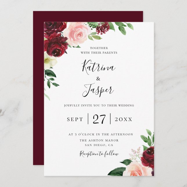 Burgundy Blush Botanical Floral Wedding Invitation (Front/Back)