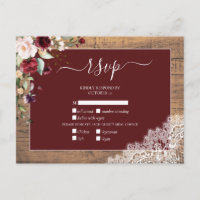 Burgundy Blush Botanical Lace Wood Wedding RSVP