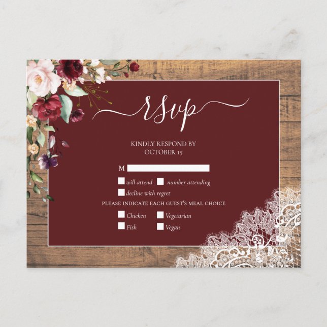 Burgundy Blush Botanical Lace Wood Wedding RSVP Invitation Postcard (Front)