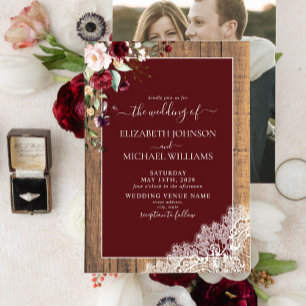 Burgundy Blush Botanical Wood Script Photo Wedding Invitation