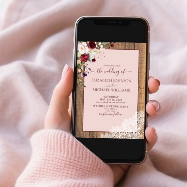 Burgundy Blush Botanical Wood Script Photo Wedding Invitation (Creator Uploaded)